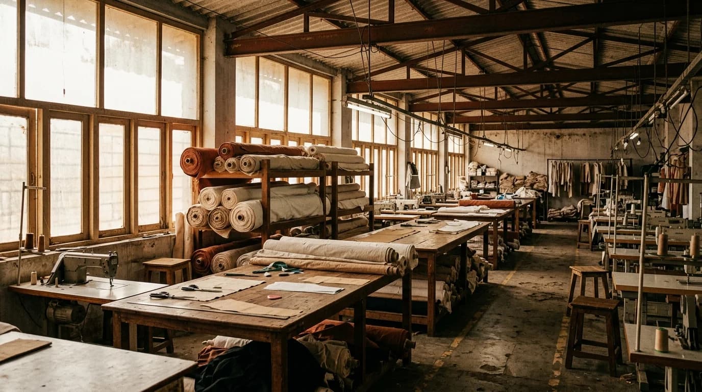 A modest Gujarat garment workshop with rolls of cotton fabric